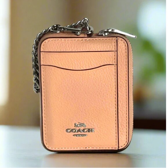 Coach Zip Card Case ID Mini Wallet 6303 Pebbled Leather Chain Strap Blush Silver - Picture 1 of 6